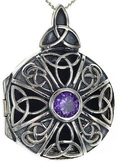 Amethyst Silver Celtic Knot Locket Necklace Nickel Free Amethyst Round Pendant Jewelry, Nickel-free Amethyst Round Pendant Jewelry, Antique Silver Sterling Silver Locket Jewelry, Symbolic Amethyst Jewelry For Gift, Spiritual Nickel-free Jewelry With Round Stone, Antique Jewelry With Round Stone For Gift, Sterling Silver Cross Amulet, Sterling Silver Cross Amulet Jewelry, Ornate Silver Amethyst Jewelry