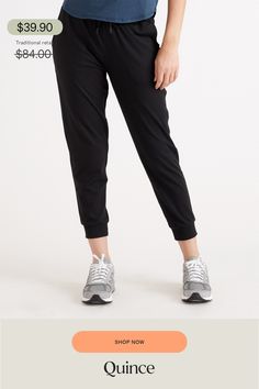 Our favorite performance joggers are a slim fit with the perfect amount of stretch for ultimate comfort. Thick drawstrings, cuffed ankles, and two pocket design give them a premium feel. Our Flowknit fabric is made from Global Recycle Standard poly yarn, which diverts and recycles plastics destined for landfill or the ocean, so you can feel and look good in what you wear.  | Quince | Women's Super Soft Performance Joggers in Black, Flowknit Activewear, Size Medium, Recycled Polyester Sporty Joggers With Cuffed Ankles, Sporty Stretch Joggers With Cuffed Ankles, Athleisure Stretch Joggers With Cuffed Ankles, Casual Activewear For Running With Ribbed Waistband, Comfort Stretch Joggers With Elastic Side Panels, Comfort Stretch Joggers With Elastic Waistband For Jogging, Casual Activewear With Ribbed Waistband For Running, Tapered Leg Joggers With Elastic Waistband For Jogging, Black Comfort Stretch Joggers For Jogging