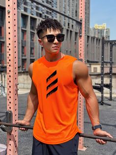 Crew Neck Men's Pullover Sports & Fitness Tank Top - Men's Fitness Apparel, Men's Workout Tank Tops | Vivinch Casual Dri-fit Activewear For Workout, Sleeveless Orange Sports Top, Orange Crew Neck Sports Top, Orange Sleeveless Activewear For Gym, Orange Sleeveless Gym Activewear, Orange Sleeveless Top For Athleisure, Orange Sleeveless Athleisure Top, Sporty Orange Tops For Sports, Orange Sporty Tops For Sports