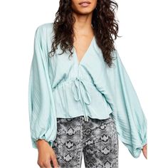 Meet Friends For Lunch Or Enjoy A Picnic In The Park With Style Wearing This Lightly Textured Blouse With A Flouncy High/Low Hem And Billowy Balloon Sleeves. 19" - 21 1/2" Length (Size Medium) Ties At Back V-Neck Long Sleeves 100% Polyester Hand Wash, Dry Flat Imported Women's Clothing Color: Sage V-neck Padded Blouse For Brunch, Feminine Rayon Blouse For Brunch, Padded V-neck Blouse For Brunch, V-neck Blouson Sleeve Top For Beach, V-neck Top With Blouson Sleeves For Beach, Beach Long Sleeve Tops With Blouson Sleeves, Spring Rayon Blouse With Blouson Sleeves, Spring Rayon Long Sleeve Tops, Spring Rayon Tops For Brunch