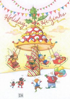 a christmas card with an image of people on a merry - go - round carousel