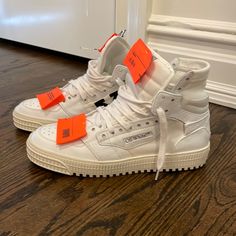 Hi! Im Selling My Brand New Off White Sneakers. There A Women’s Size 10. They Have Never Been Worn, And I Even Have The Box And Bag. I’m Open To All Offers. Don’t Be Afraid To Reach Out To Me With Any Questions! Designer White Sneakers With Laces, White Leather High-top Sneakers With Branded Heel, Luxury White High-top Sneakers With Vulcanized Sole, Designer White High-top Sneakers With Rubber Sole, Designer White High-top Sneakers For Streetwear, Designer White Lace-up Sneakers, Designer White High-top Sneakers With Contrast Sole, Designer White Leather High-top Sneakers, Luxury White High-top Sneakers With Laces