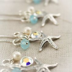 Starfish Charm Necklaces & Earrings Bridesmaids Set Gifts with Pearl, Aqua, and Crystal Set of Four Bridesmaid Necklaces, Charm Necklaces, Bridesmaid Necklace, Crystal Set, White Freshwater Pearl, Silver Box, French Wire, Crystal Charm, Wedding Jewelry Sets