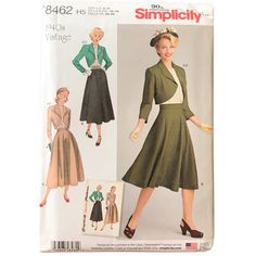 a woman's dress and jacket sewing pattern from the 1950's is shown