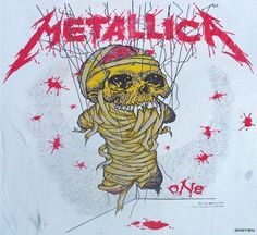 a white t - shirt with a skeleton wrapped around it's head and the words metallicica on it