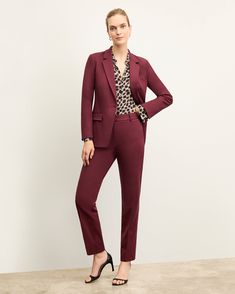 Smith Pant - Washable Wool Twill :: Shiraz – M.M.LaFleur Elegant Straight Pants For Business, Elegant Straight Fitted Pants, Fitted Pantsuit With Pressed Crease For Fall, Tailored Straight Pants For Work, Sleek Fitted Pantsuit For Fall, Slim Fit Straight Pants For Fall, Elegant Slim Fit Straight Pants, Chic Tailored Straight Dress Pants, Elegant Straight Dress Pants In Elastane