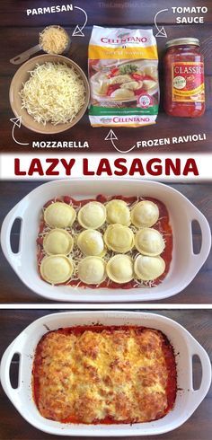 two pictures showing how to make lazy lasagna