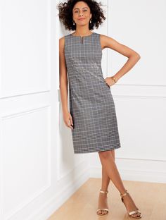 Our smart and chic sheath dress in a timeless Glen plaid pattern. Beautifully tailored for a flattering fit. A fabulous addition to your fall work-ready closet. Features Sheath Dress Sleeveless Hidden back zip closure Hits At Knee Lined Imported Fit: Misses: 39 1/4"; Petite: 36 3/4"; Plus: 42"; Plus Petite: 39 1/4" Material: 64% Polyester, 34% Viscose, 2% Spandex; Lining: 100% Polyester Care: Dry Clean | Lake Glen Plaid Sleeveless Sheath Dress Talbots Closet Features, Company Secretary, Glen Plaid, Business Style, Classic Style Women, Sleeveless Sheath Dress, Formal Business, Fashion Event, Plaid Blazer