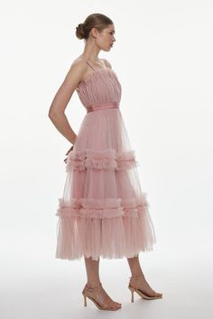 The Epitome Of Feminine Allure, Allow This Tulle Dress To Elevate Every Occasion. A Tiered, Sheer Skirt Overlay Adds Enviable Drama To The Piece, While A Satin Ribbon Detail Across The Waist Creates An Hourglass Silhouette. Style This Midi Dress With Heels And Accessories For A Standout Ensemble.Tulle Materialtiered Skirtmidi Hemlinesatin Ribbon Waistband Pink Layered Dress, Bridesmaid Dresses Pink, Wedding Outfits For Women, Pink Chiffon Dress, Pink Tulle Dress, Midi Bridesmaid Dress, Spring Wedding Guest Dress, Hourglass Silhouette, Fall Wedding Guest Dress