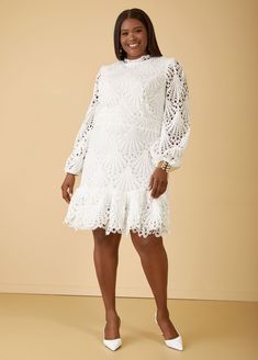 Plus Size Lace Dress Plus Size Lace Knee Length Dresses White Knee-length Lace Dress With Lace Trim, Cream Lace Knee-length Dress, White Knee-length Lace Dress With Scalloped Edges, Chic Knee-length Crochet Lace Dress, White Knee-length Crochet Lace Dress, Plus Size Lace Dress, Flounced Dress, Statement Dress, Stylish Plus