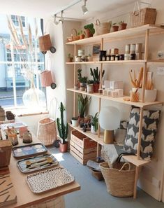 a room filled with lots of shelves and plants