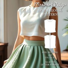 the front and back of a woman's cropped top with pleaed skirt