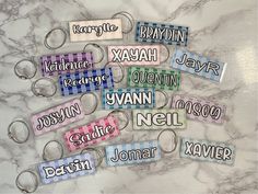 Laminated name tags are perfect for your backpacks, luggage, lunch bags, sports bags, diaper bags, lanyards, keyrings, pouches, or any other type of bag you have. They can be given as gifts, used for party favors, or used around your home, office, or workspace to label items.    These tags are water resistant but not waterproof.    Each tag is made with a 10-mil laminated pouch with the design printed on white cardstock. Print will appear on front and back of tag. Tags will come with a slot hole Casual Rectangular Keychain Perfect As A Gift, Casual Rectangular Keychains As Gifts, Casual Rectangular Keychains For Gifts, Casual Rectangular Keychain For Gifts, Rectangular White Keychain For School, Rectangular Multicolor Keychains For School, Rectangular White Keychains, Multicolor Rectangular Keychains For Travel, Personalized Rectangular Luggage Tag For School