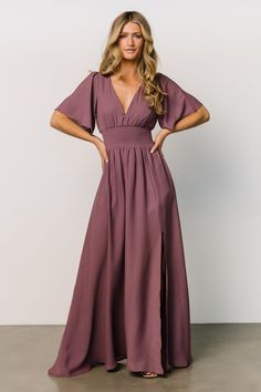 Verona Smocked Maxi Dress | Vintage Plum Chic Purple Chiffon Maxi Dress, Flowy Smocked Bodice Maxi Dress For Evening, Flowy Maxi Dress With Smocked Bodice For Evening, Elegant Maxi Dress With Smocked Bodice And Flowy Skirt, Flowy Evening Maxi Dress With Smocked Back, Fitted Mauve Maxi Dress, Chiffon Maxi Dress With Smocked Bodice, Flowy Maxi Dress With Smocked Bodice, Elegant Floor-length Maxi Dress With Smocked Bodice