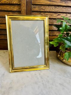 a gold frame sitting on top of a table next to a potted green plant