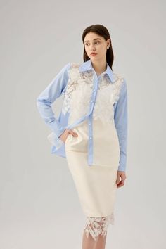 Material: 100% Cotton Chic Cotton Shirt For Layering, Spring Cotton Lace Patchwork Top, Chic Lace Patchwork Tops For Spring, Chic Tops With Contrast Lace, Chic Lace Tops For Layering, Lace Tops With Lace Work For Spring, Chic Lace Trim Top For Layering, Elegant Spring Lace Top With Contrast Lace, Chic Tops With Lace Long Sleeves