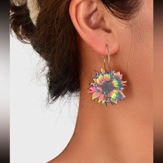 This Unique Pair Is A Wonderful Addition To Your Wardrobe And Your Style; Sure To Get Lots Of Compliments! Gsunwj50000ngm4 Multicolor Flower-shaped Jewelry For Summer, Multicolor Flower Shaped Jewelry For Summer, Trendy Multicolor Flower Shaped Jewelry, Trendy Multicolor Flower Jewelry, Trendy Flower Shaped Jewelry For Summer, Summer Party Flower Hoop Earrings, Nickel Free Flower Earrings For Summer, Trendy Flower-shaped Summer Jewelry, Adjustable Multicolor Flower Earrings For Summer