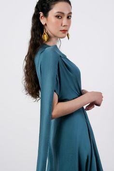 If you are looking for an elegant, elegant but equally luxurious and noble design, this will be an item you cannot ignore. *Note:Processing time takes 5-8 working days (NOT including shipping time). Product Details - Product type: Midi Dress- Material: Silk- V-neck - Long flap - Short sleeves - Asymmetric draped skirt - Back zipper- Length: 104-106cm Size & Fit - Model wears size: M- Model measurement: 172cm Care Instruction - Hand-washed products.- Do not soak the product.- Do not use chlorine Evening Blue Maxi Dress With Draped Sleeves, Blue Maxi Dress With Draped Sleeves For Evening, Blue Evening Dress With Draped Sleeves For Formal Events, Pre-draped Asymmetrical Midi Dress For Dinner, Elegant Draped Silk Evening Dress, Elegant Draped Silk Dress For Formal Occasions, Blue Maxi Dress With Cape Sleeves For Evening, Chic Draped Wrap Dress For Evening, Chic Draped Wrap Dress For Formal Occasions