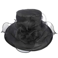 Ruffle Edge Flower Center Derby Hat - Something Special Hats Dress Hat Something Special LA HTO2706BK Black Spring Party Bucket Hat With Curved Brim, Wide Brim Bucket Hat For Spring Party, Spring Party Bucket Hat With Short Brim, Summer Wide Brim Hat With Ruffles, Black Hat For Garden Party In Spring, Elegant Black Adjustable Bucket Hat, Elegant Adjustable Black Bucket Hat, Spring Party Bucket Hat, Black Brimmed Hat For Garden Party