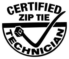 the certified cable tie technician sticker is shown in black and white, with an arrow pointing