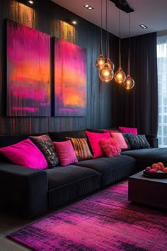 a living room filled with furniture and colorful pillows