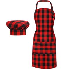 a red and black checkered apron with a hat on the side, next to it