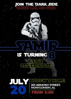 star wars birthday party flyer with storm trooper on the front, and text in blue