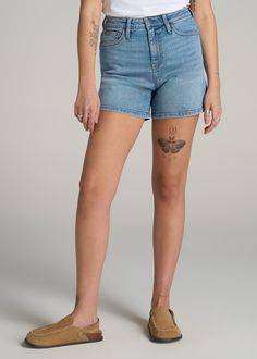 High Rise Denim Shorts for the Tall Fashionista Your Newest Summer Essential Get ready to make a statement this summer with our High Rise Denim Shorts, our latest women's shorts in tall sizes. These shorts offer a flattering high-waist design and a thigh-length cut that perfectly balances comfort and style. With a versatile look that can be dressed up or down, these tall women's shorts are a must-have for your warm-weather wardrobe.• High-waisted design for a flattering silhouette• Thigh-length Medium Wash Short Leg Denim Bottoms, Denim Blue Bottoms With Built-in Shorts, Mid-rise Light Wash Jean Shorts, Mid-rise Medium Wash Cotton Bermuda Shorts, Light Wash Mid-rise Cotton Shorts, Medium Wash Mid-rise Cotton Jean Shorts, Medium Wash Cotton Jean Shorts, Mid-rise Medium Wash Cotton Jean Shorts, Light Wash Mid-rise Cotton Bermuda Shorts