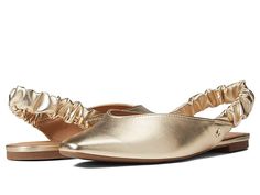 Circus by Sam Edelman Omina - Women's Shoes : Gold Metallic : The Circus by Sam Edelman Omina sandals bring a cosmopolitan vibe to your look with easy wear, and a striking pointed toe complimented by the slingback strap. This sleek silhouette will have you looking the part for the smart or casual night out. Slip-on sandal features stylish synthetic upper. Ruched slingback strap. Lightly cushioned insole supports the foot throughout the day. Closed, pointed toe. Wrapped heel. Durable synthetic ou Gold Flat Heel Slip-ons, Formal Gold Slip-on Flats, Luxury Gold Slip-on Sandals, Gold Slip-on Flats With Closed Toe, Gold Leather Slip-on Flats, Wrap Heels, Casual Night Out, Women's Flats, The Circus