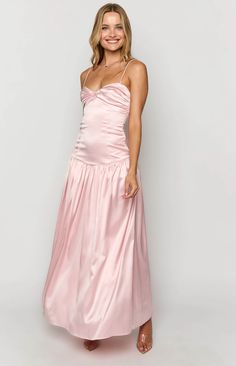 Light Pink Floor Length Dress, Love Shack Fancy Pink Dress, Simple Ball Dresses, Light Pink Formal Dress Long, Drop Waist Maxi Dress, Formal Dresses Sorority, Pink Silk Prom Dress, Bridesmaid Dresses Light Pink, Light Pink Prom Dresses