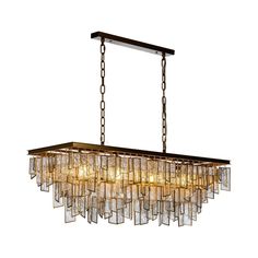 a rectangular chandelier with glass blocks hanging from the ceiling