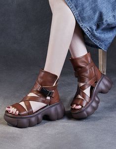 Open Toe Comfortable Leather Straps Platform Sandals — Obiono Trendy Leather Toe Post Wedge Sandals, Leather Toe Post Wedge Sandals, Leather Toe Post Heels With Platform, Leather Platform Heels With Toe Post, Brown Synthetic Open Toe T-strap Sandals, Leather Toe Post Platform Heels, Closed Toe Wedge Sandals With Strap, Spring Toe Post Wedge Sandals With Buckle Closure, Spring Toe Post Wedge Sandals With Buckle