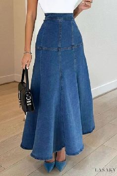 Lasaky - High Waist Denim Skirt with Simple Patchwork Style Denim Maxi Skirt Outfit, Denim Shorts Outfit, Womens Denim Skirts, High Waisted Denim Skirt, Denim On Denim, Long Denim Skirt, Maxi Skirt Outfits, Vintage Summer Dresses, Denim Skirt Women