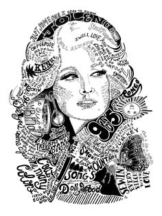 a black and white drawing of a woman's face with words all over it