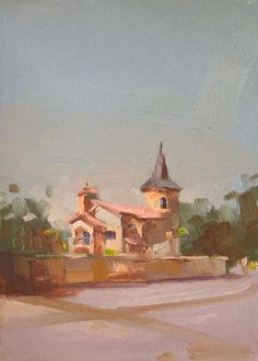 an oil painting of a building with a clock tower