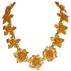 Kenneth Jay Lane Gilded Gold Floral Necklace with Attachment | From a collection of rare vintage other at https://www.1stdibs.com/fashion/ephemera/other/ Elegant Gold Necklace With Flower Decoration, Gold Flower Pendant Necklace For Party, Vintage Gold Flower Necklace For Wedding, Gold Flower Pendant Costume Necklace, Gold Flower Pendant Necklace For Formal Occasions, Formal Gold Jewelry With Flower Decoration, Gold Necklaces With Flower Decoration For Wedding, Gold Jewelry With Flower Decoration For Parties, Gold Necklace With Flower Decoration For Wedding