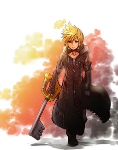 an anime character with blonde hair and black clothes holding a large metal object in his hand