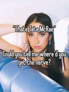 a woman sitting on top of a blue couch with the caption i hate tace mcrae could you tell me where'd you get the neve?