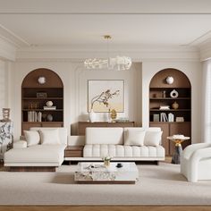 a living room filled with white furniture and lots of windows