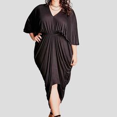 This Is A Gorgeous Dress. Very Comfortable! Black Draped Maxi Dress For Summer, Black Draped Maxi Dress For Spring, Black Draped Midi Dress For Summer, Black Draped Dress For Spring, Chic Black Draped Midi Dress, Black Flowy Midi Dress For Cocktail, Flowy Black Midi Dress For Cocktail, Black Flowy Dress, Big Size Dress