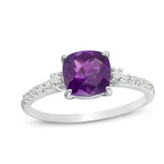 A colorful way to show your love, this gemstone and diamond engagement ring is the start of something beautiful. Crafted in cool 10K white gold, this adventurous style features a 7.0mm cushion-cut bright purple amethyst flanked by a pair of sparkling diamonds. Dainty diamonds line the shank for the perfect touch of shimmer. Radiant with 1/8 ct. t.w. of diamonds and a brilliant buffed luster, this engagement ring is a unique choice to celebrate your romance. Purple Cushion Cut Brilliant Ring, Purple Brilliant Cushion Cut Rings, Purple Diamond Ring With Diamond Accents For Anniversary, Purple Diamond Ring With Birthstone, Purple Diamond Ring With Accents For Anniversary, Fine Jewelry Purple Rings With Diamond Accents, Purple Brilliant Cut Rings For Promise, Fine Jewelry Amethyst Diamond Ring, Purple Diamond Birthstone Ring With Round Cut