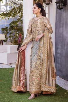 Long Kameez Trouser Dupatta Embellished Pakistani Wedding Dress is a beautiful masterpiece emblazoned with Embroidery, Goldwork, and Motifs. Fast Shipping. Elegant Jamawar Salwar Kameez For Wedding, Unstitched Jamawar Suit With Intricate Embroidery For Reception, Elegant Jamawar Lawn Suit For Wedding, Elegant Jamawar Sharara For Wedding, Jamawar Unstitched Suit With Intricate Embroidery For Reception, Elegant Jamawar Salwar Kameez For Reception, Hand Embellished Semi-stitched Salwar Kameez For Reception, Traditional Drape Lawn Suit With Dabka Work For Wedding, Elegant Jamawar Lehenga For Wedding