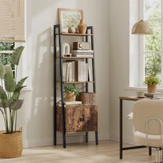 a room with a bookcase, potted plant and window