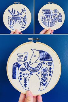 four different pictures of hand embroidery designs in blue and white, each with an elephant on it