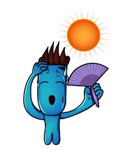 an image of a cartoon character holding a fan and looking at the sun above his head