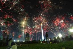 fireworks are lit up in the night sky with people sitting on the grass watching them