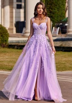 A-line V Neck Sleeveless Sweep Train Tulle Prom Dress with Beading Lace S7526P - Prom Dresses - Stacees Purple Dresses For Homecoming, Prom Dress Junior Year, Pretty Prom Dresses Purple, Prom Dresses For Enchanted Forest Theme, Lavender Grad Dresses, Pastel Purple Prom Dress Long, Purple Prom Dress Poofy, Violet Prom Dresses Lavender, Lavender Mermaid Prom Dress