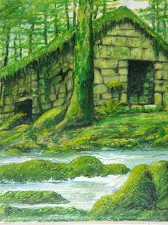 a painting of a house in the woods with moss growing on it's roof