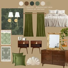 a bedroom is shown with green and brown decor, including a bed, dresser, mirror, lamp, lampshade