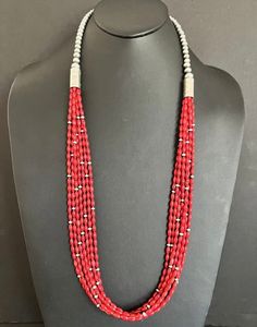 Sterling Silver Multi Strand Red Coral Bead Necklace 36 Inch Traditional Multi-strand Red Coral Necklaces, Traditional Multi-strand Red Coral Necklace, Traditional Multi-strand Red Coral Beaded Necklace, Red Beaded Long Necklace With Large Beads, Festive Red Necklace With Silver Beads, Elegant Red Beaded Necklace With Silver Beads, Elegant Red And Silver Beads, Red Multi-strand Beaded Necklaces With Large Beads, Red Multi-strand Beaded Necklace With Large Beads